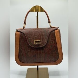 Etro Milano Paisley Coated Canvas Top Handle Satchel Bag Leather Trim Italy